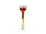 Yellow gold Three-Stone Oval Cut Diamond Ring with Round with Ruby side stone Pavé Band and Prong Setting_2