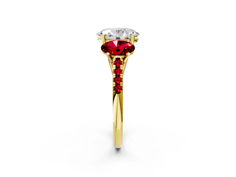 Yellow gold Three-Stone Oval Cut Diamond Ring with Round with Ruby side stone Pavé Band and Prong Setting_2