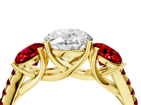 Yellow gold Three-Stone Oval Cut Diamond Ring with Round with Ruby side stone Pavé Band and Prong Setting_4