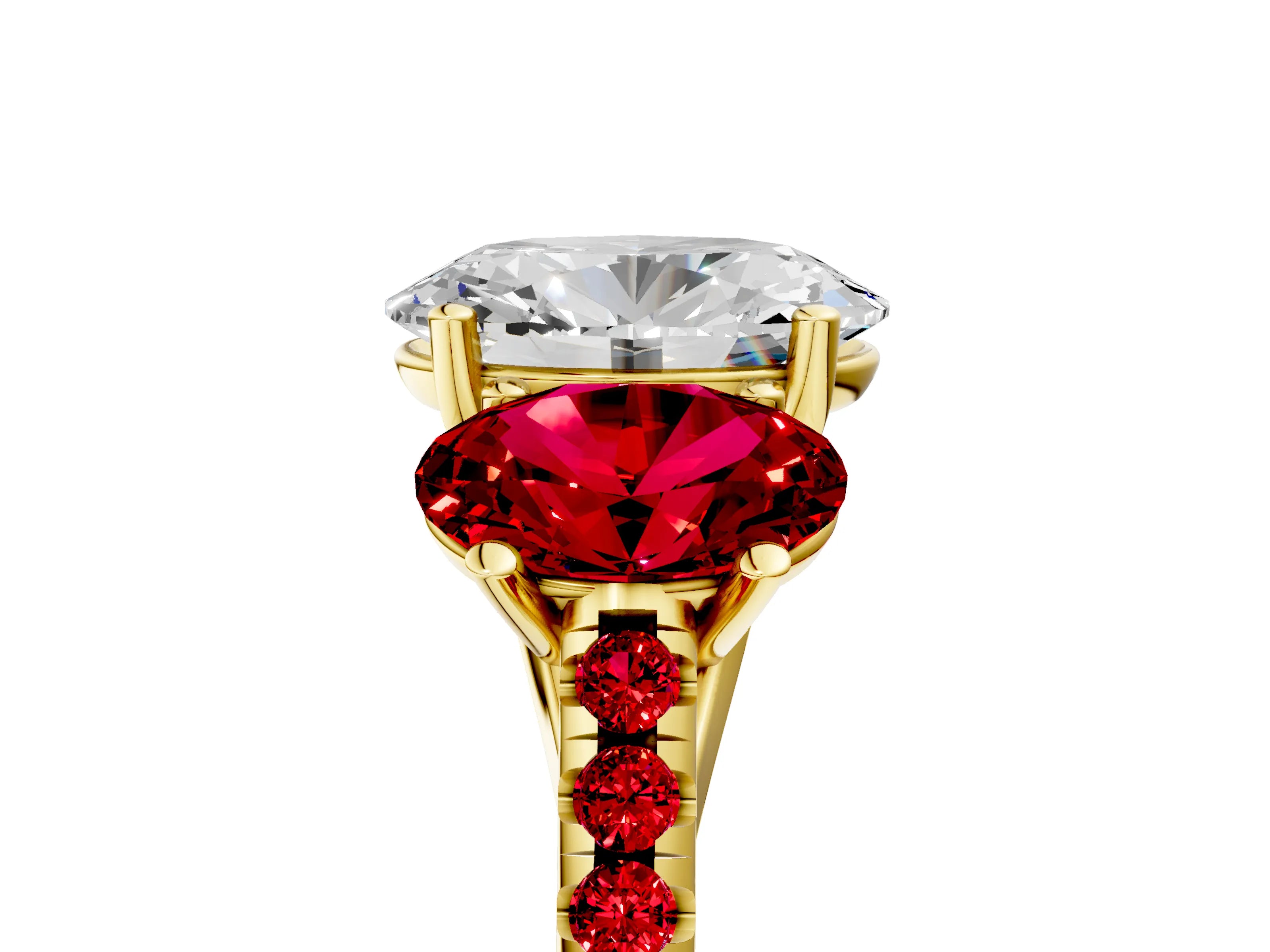 Yellow gold Three-Stone Oval Cut Diamond Ring with Round with Ruby side stone Pavé Band and Prong Setting_5