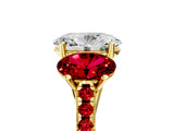 Yellow gold Three-Stone Oval Cut Diamond Ring with Round with Ruby side stone Pavé Band and Prong Setting_5