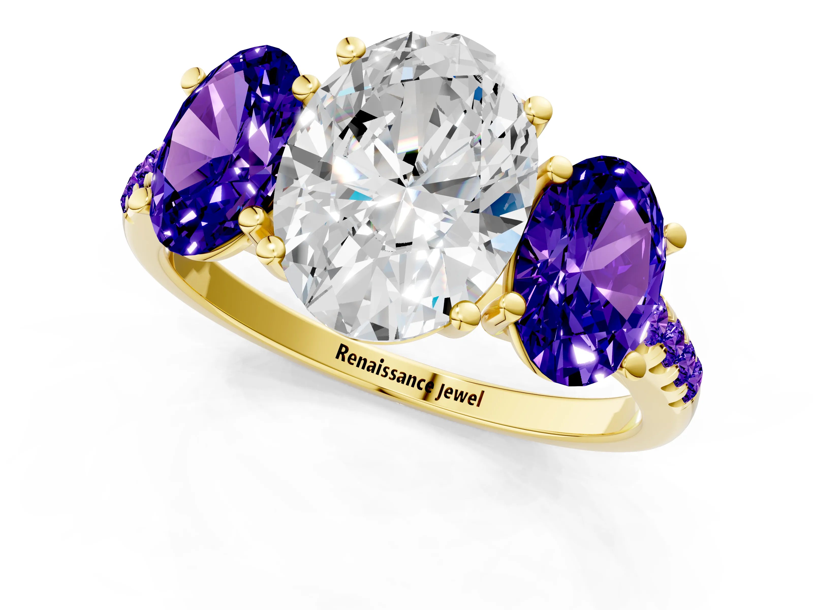 Yellow gold Three-Stone Oval Cut Diamond Ring with Round with Tanzanite side stone Pavé Band and Prong Setting_1