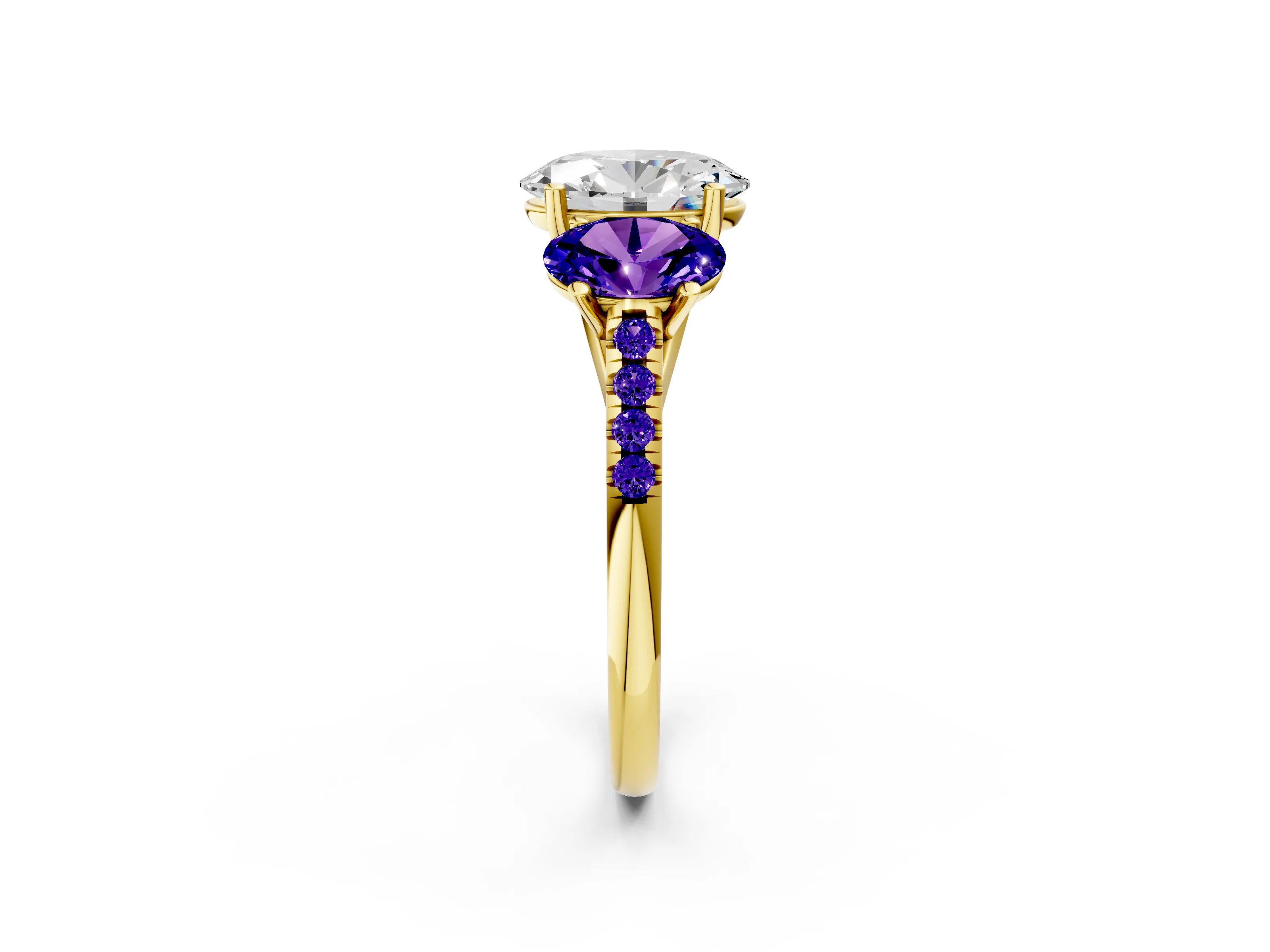 Yellow gold Three-Stone Oval Cut Diamond Ring with Round with Tanzanite side stone Pavé Band and Prong Setting_2
