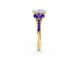 Yellow gold Three-Stone Oval Cut Diamond Ring with Round with Tanzanite side stone Pavé Band and Prong Setting_2