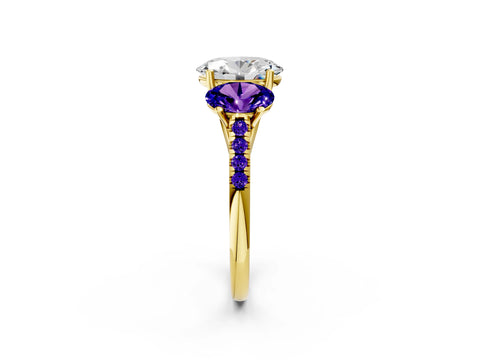 Yellow gold Three-Stone Oval Cut Diamond Ring with Round with Tanzanite side stone Pavé Band and Prong Setting_2