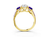 Yellow gold Three-Stone Oval Cut Diamond Ring with Round with Tanzanite side stone Pavé Band and Prong Setting_3