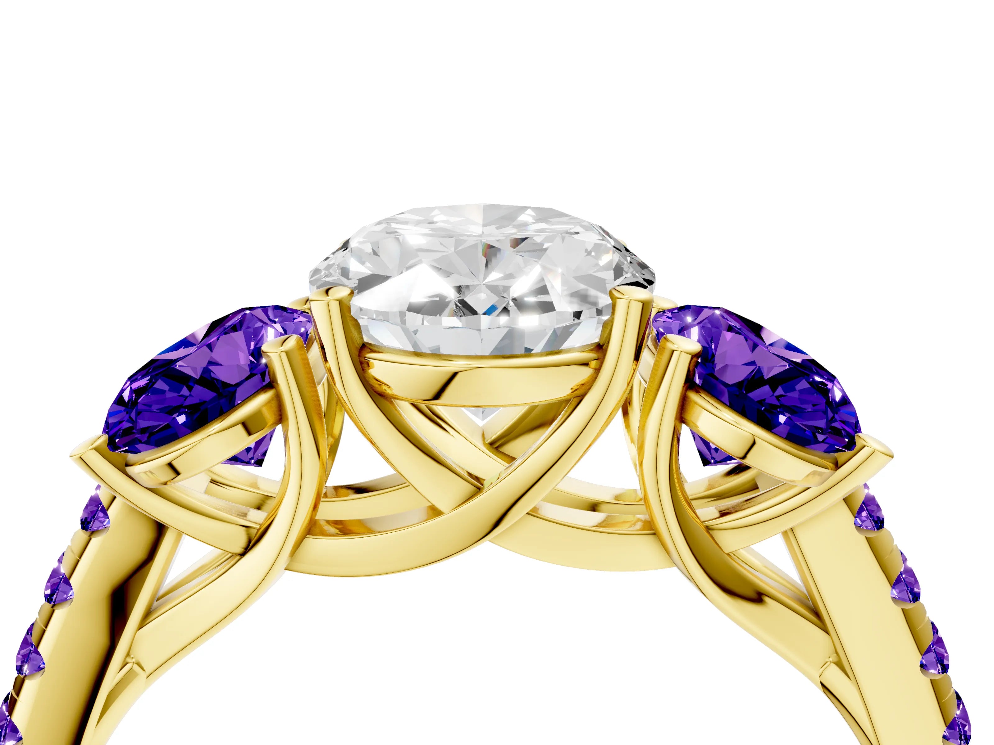Yellow gold Three-Stone Oval Cut Diamond Ring with Round with Tanzanite side stone Pavé Band and Prong Setting_4