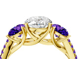 Yellow gold Three-Stone Oval Cut Diamond Ring with Round with Tanzanite side stone Pavé Band and Prong Setting_4