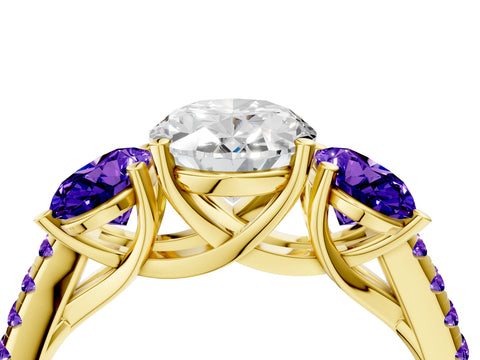 Yellow gold Three-Stone Oval Cut Diamond Ring with Round with Tanzanite side stone Pavé Band and Prong Setting_4