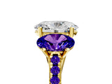 Yellow gold Three-Stone Oval Cut Diamond Ring with Round with Tanzanite side stone Pavé Band and Prong Setting_5
