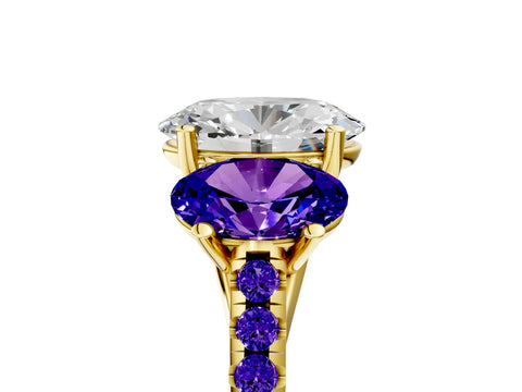 Yellow gold Three-Stone Oval Cut Diamond Ring with Round with Tanzanite side stone Pavé Band and Prong Setting_5