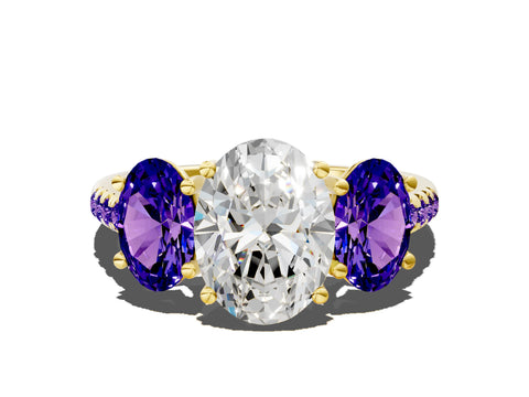 Yellow gold Three-Stone Oval Cut Diamond Ring with Round with Tanzanite side stone Pavé Band and Prong Setting