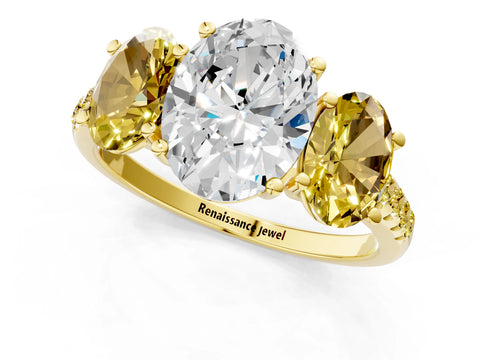 Yellow gold Three-Stone Oval Cut Diamond Ring with Round with Yellow Sapphire side stone Pavé Band and Prong Setting_1