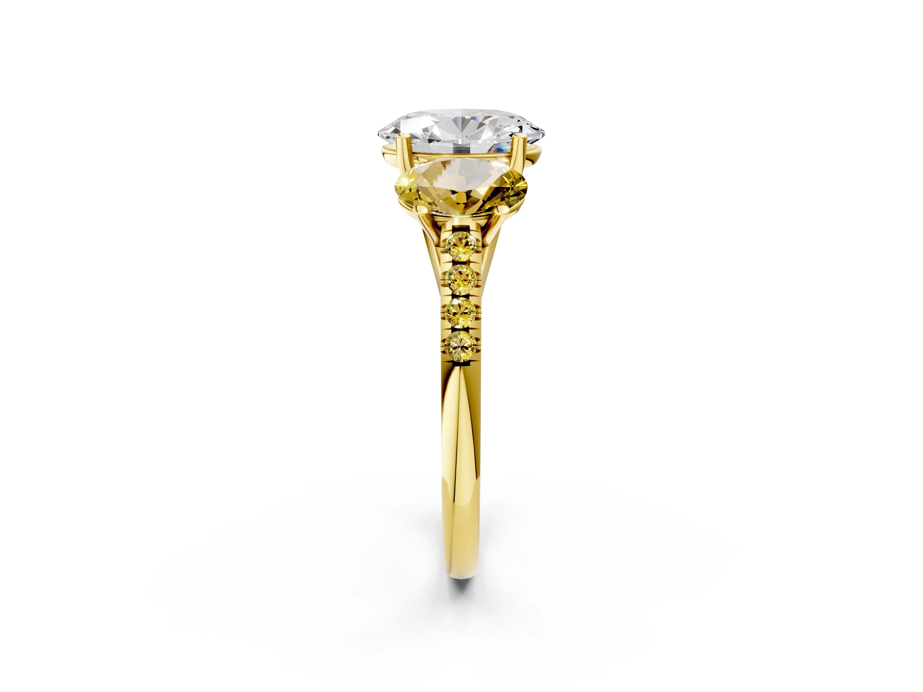 Yellow gold Three-Stone Oval Cut Diamond Ring with Round with Yellow Sapphire side stone Pavé Band and Prong Setting_2