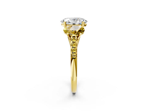 Yellow gold Three-Stone Oval Cut Diamond Ring with Round with Yellow Sapphire side stone Pavé Band and Prong Setting_2