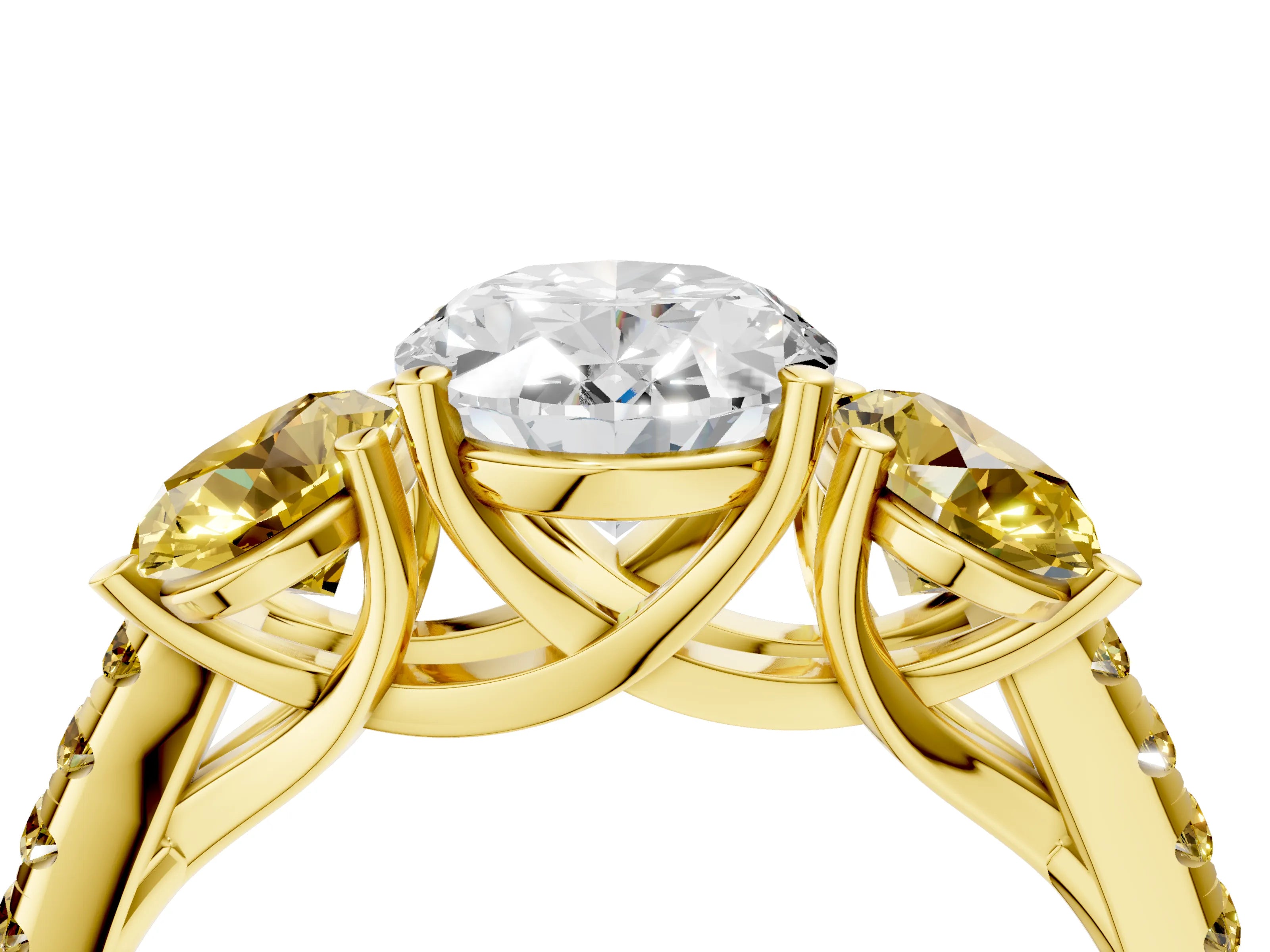 Yellow gold Three-Stone Oval Cut Diamond Ring with Round with Yellow Sapphire side stone Pavé Band and Prong Setting_4