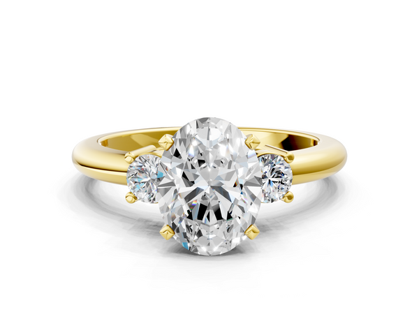 Yellow gold Three-Stone Oval Cut Diamond Solitaire with Prong Setting and Classic Band