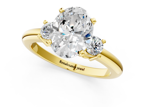 Yellow gold Three-Stone Oval Cut Diamond Solitaire with Prong Setting and Classic Band