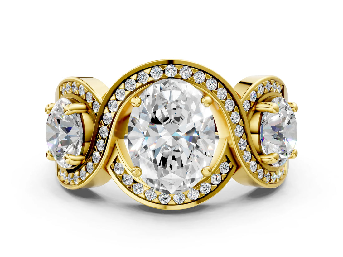 Yellow gold Three-Stone Oval Cut Diamond Wave Pave Band with Prong Setting_9