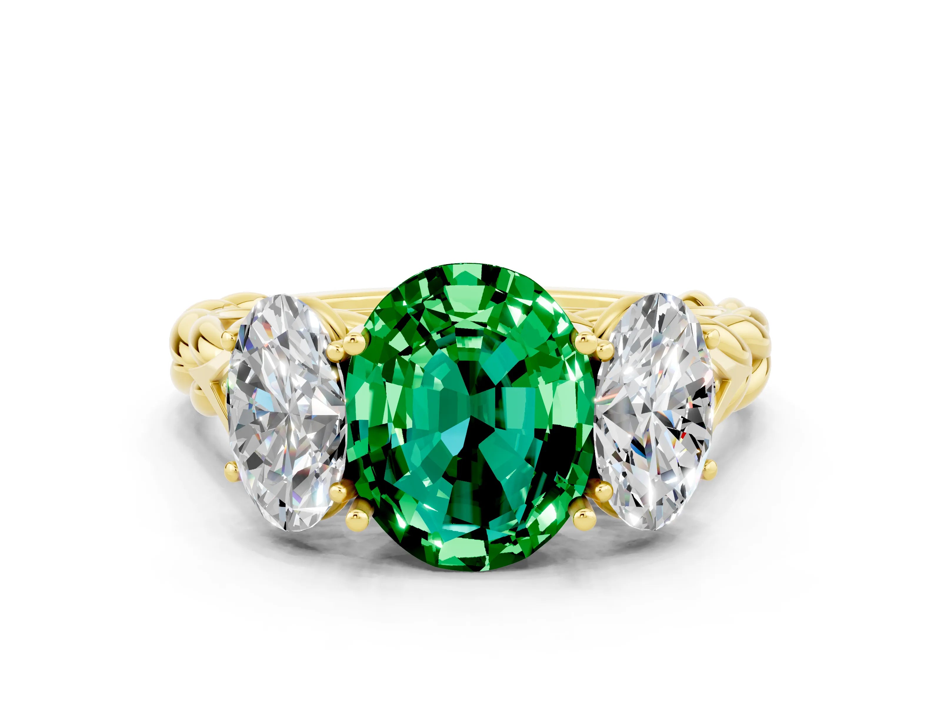 Yellow gold Three-Stone Oval Cut Emerald Braided Band Ring with Four-Prong Setting_12