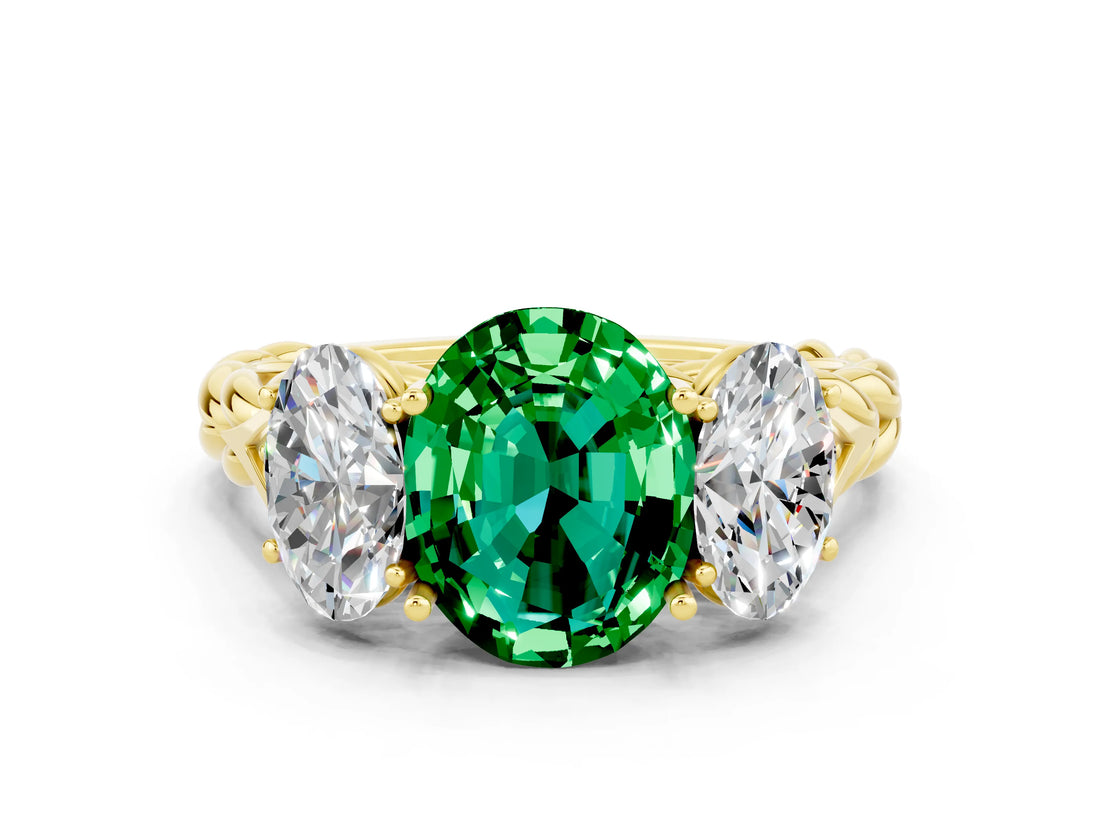Yellow gold Three-Stone Oval Cut Emerald Braided Band Ring with Four-Prong Setting_12