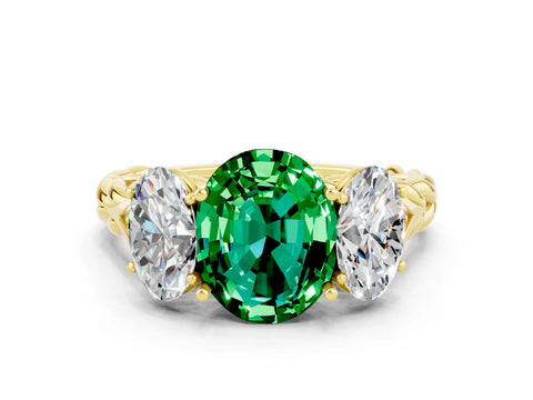 Yellow gold Three-Stone Oval Cut Emerald Braided Band Ring with Four-Prong Setting_12