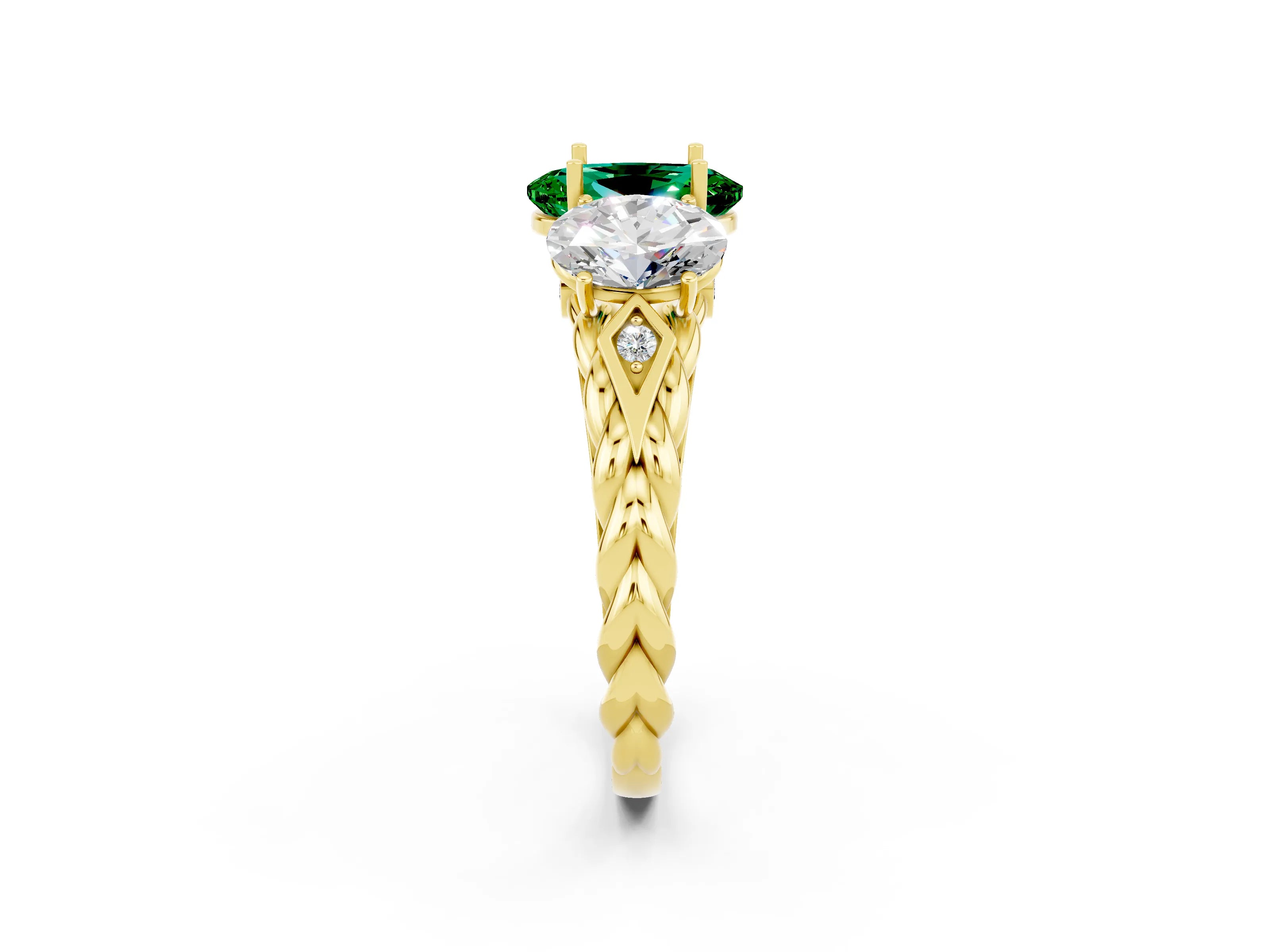 Yellow gold Three-Stone Oval Cut Emerald Braided Band Ring with Four-Prong Setting_14