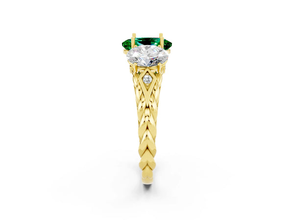 Yellow gold Three-Stone Oval Cut Emerald Braided Band Ring with Four-Prong Setting