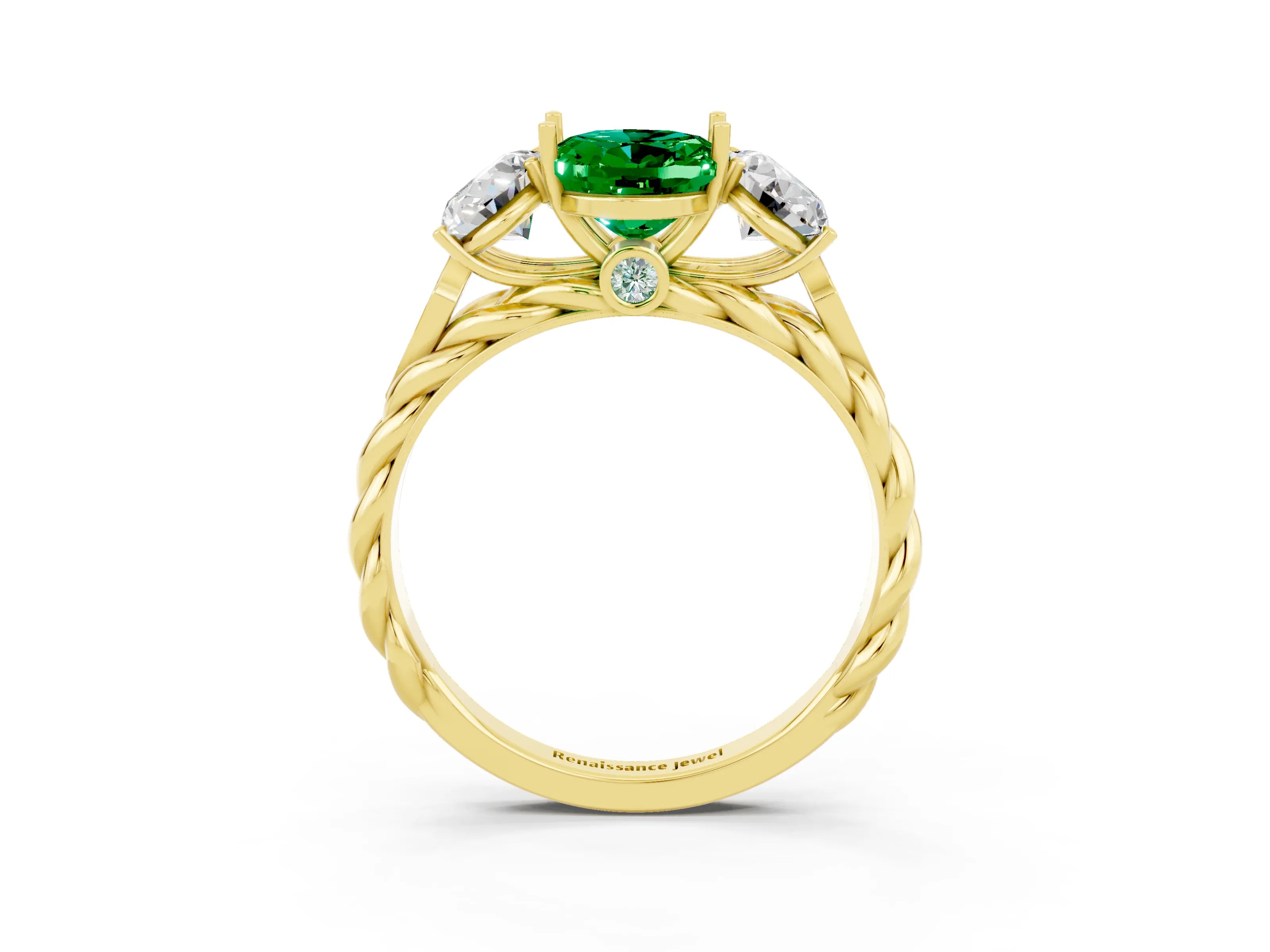 Yellow gold Three-Stone Oval Cut Emerald Braided Band Ring with Four-Prong Setting_15