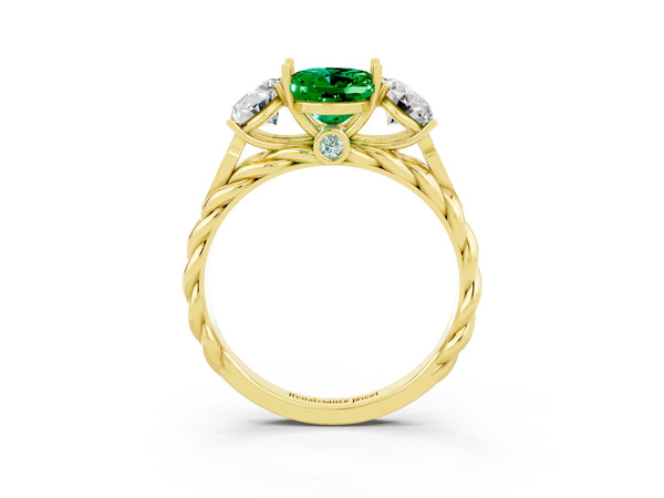 Yellow gold Three-Stone Oval Cut Emerald Braided Band Ring with Four-Prong Setting