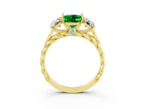 Yellow gold Three-Stone Oval Cut Emerald Braided Band Ring with Four-Prong Setting_15