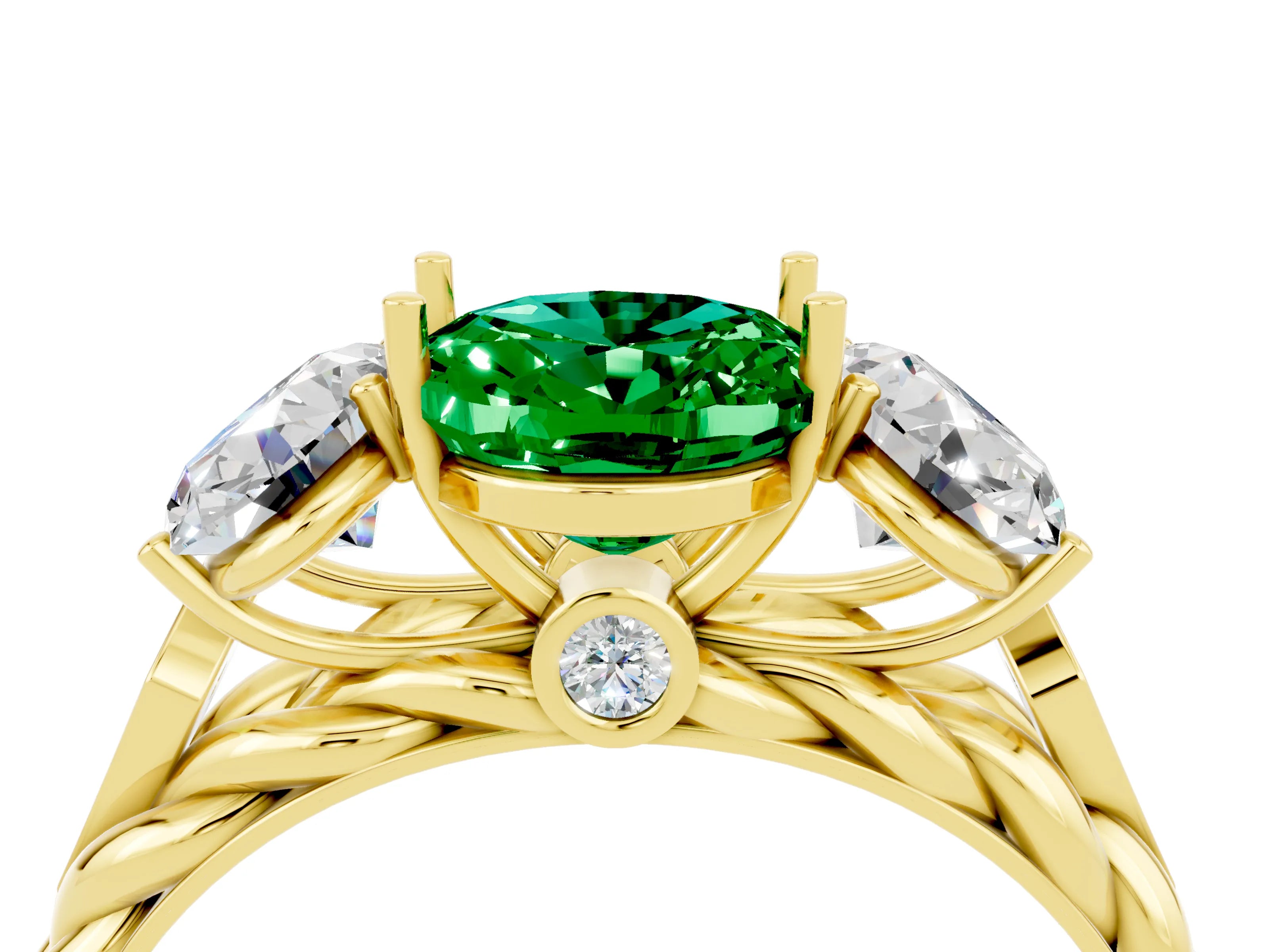 Yellow gold Three-Stone Oval Cut Emerald Braided Band Ring with Four-Prong Setting_16