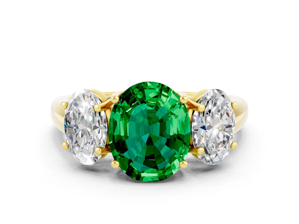 Yellow gold Three-Stone Oval Cut Emerald Engagement Ring with Prong Setting