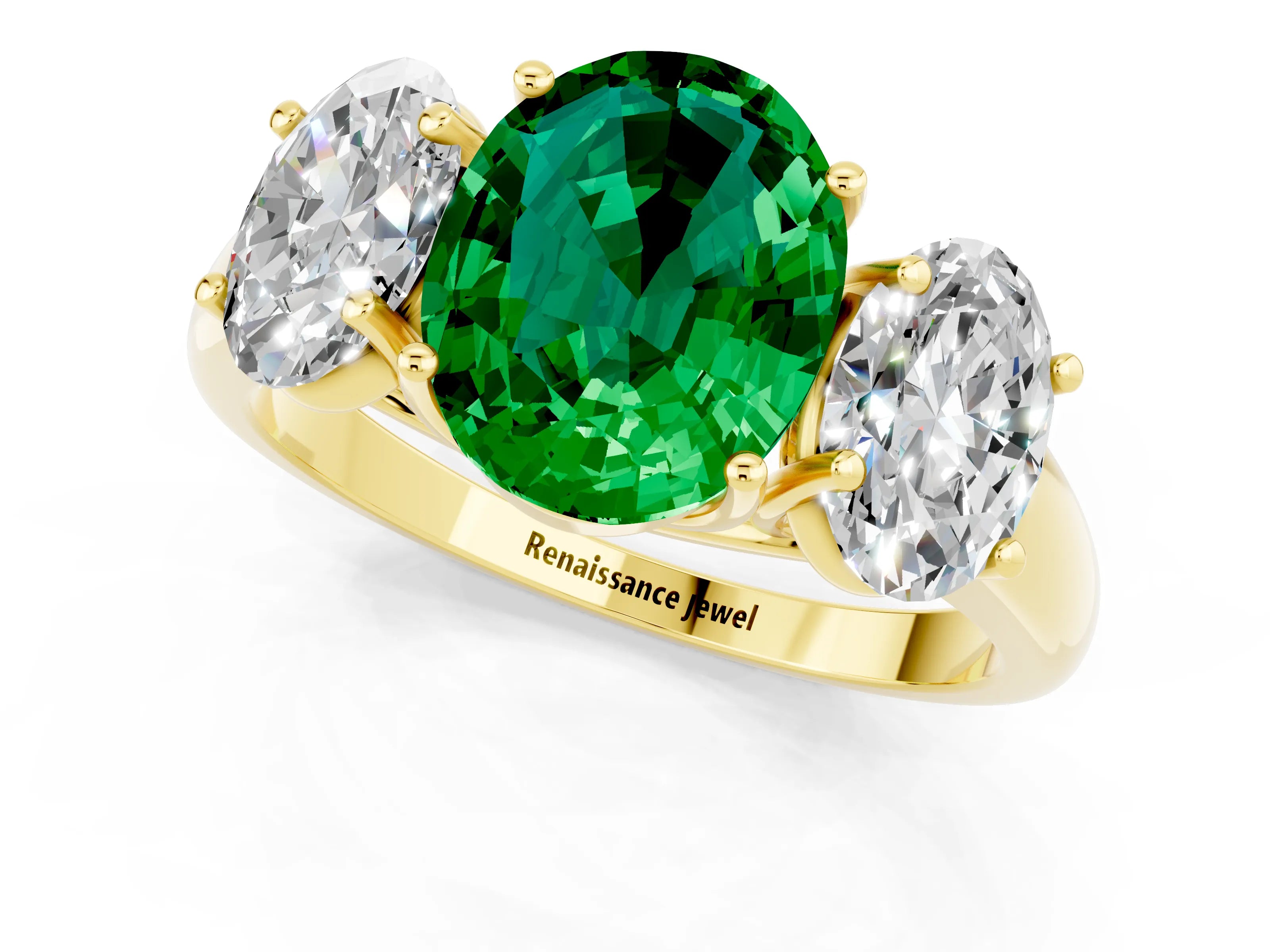 Yellow gold Three-Stone Oval Cut Emerald Engagement Ring with Prong Setting_1