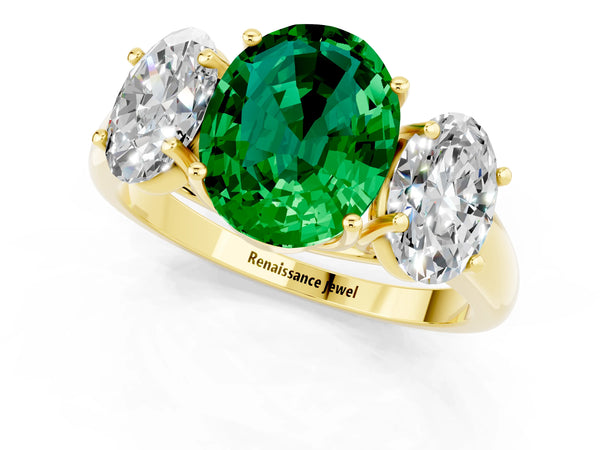 Yellow gold Three-Stone Oval Cut Emerald Engagement Ring with Prong Setting