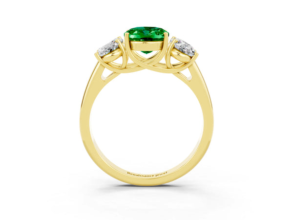 Yellow gold Three-Stone Oval Cut Emerald Engagement Ring with Prong Setting