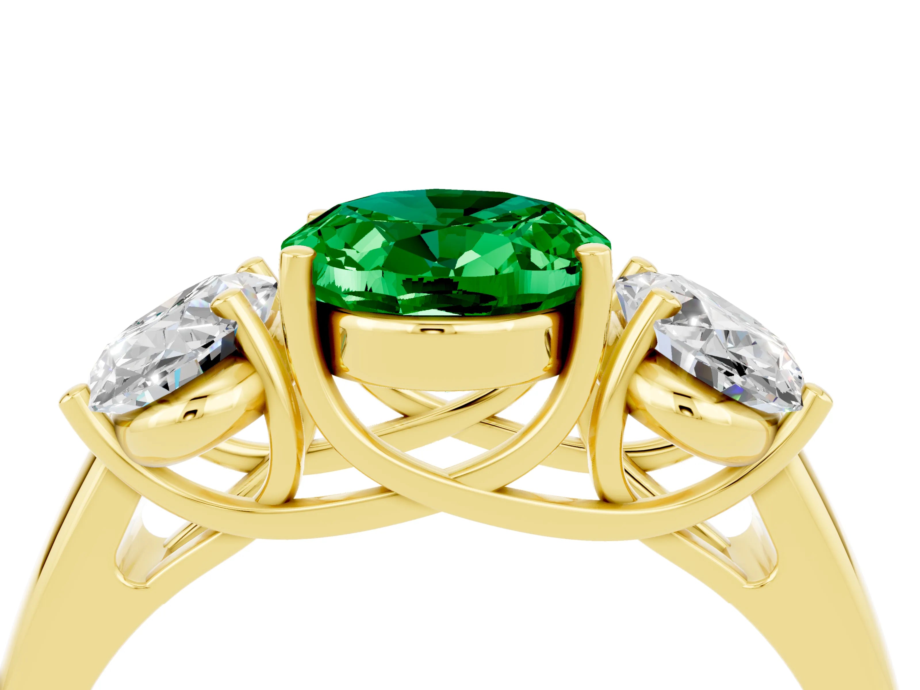 Yellow gold Three-Stone Oval Cut Emerald Engagement Ring with Prong Setting_4