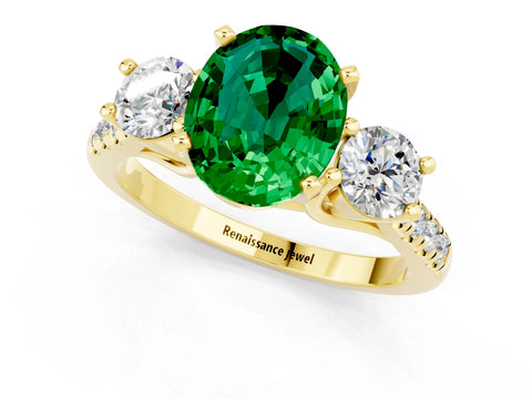 Yellow gold Three-Stone Oval Cut Emerald Pavé Band with Four-Prong Setting_1