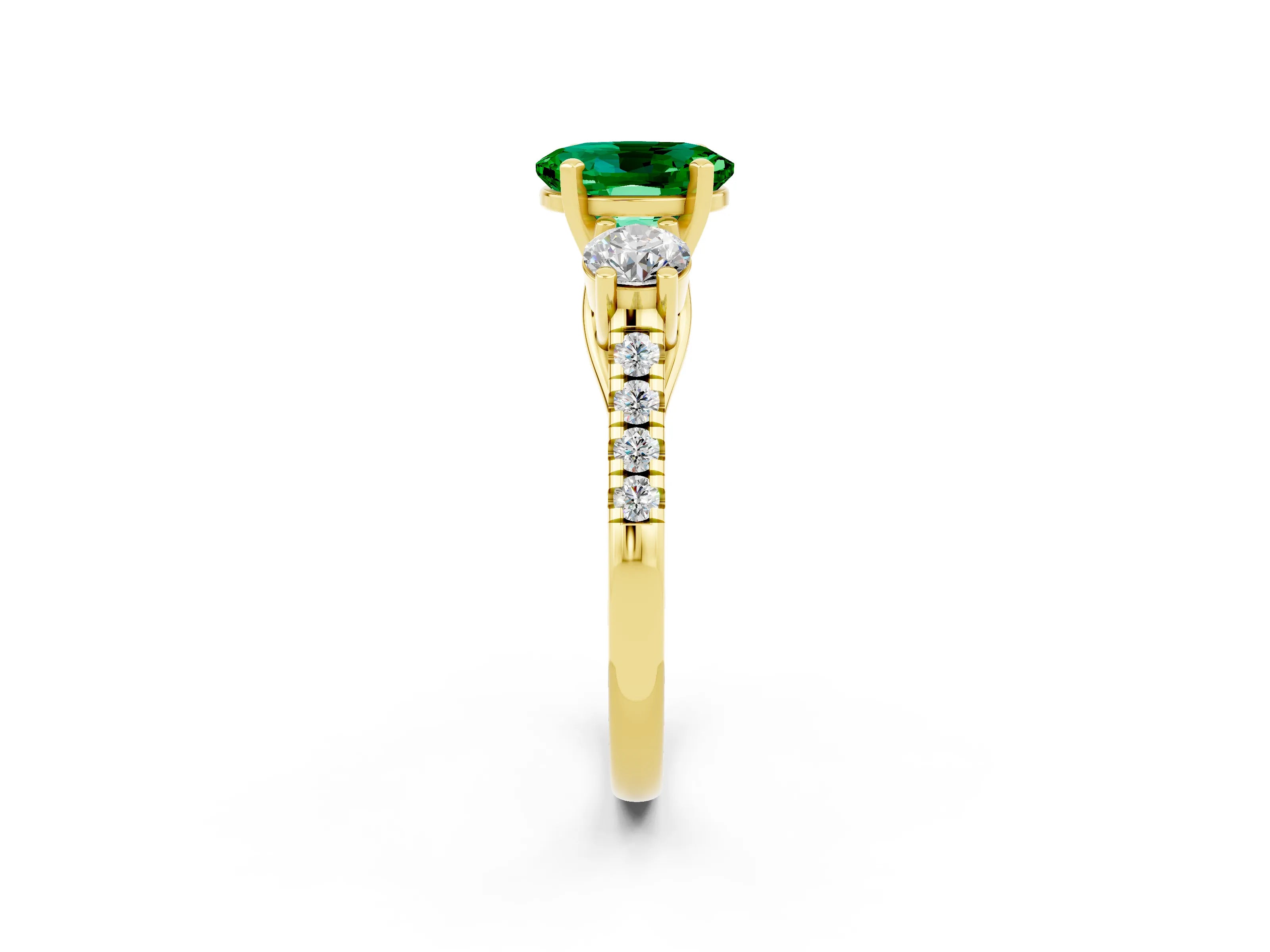Yellow gold Three-Stone Oval Cut Emerald Pavé Band with Four-Prong Setting_2