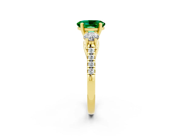 Yellow gold Three-Stone Oval Cut Emerald Pavé Band with Four-Prong Setting