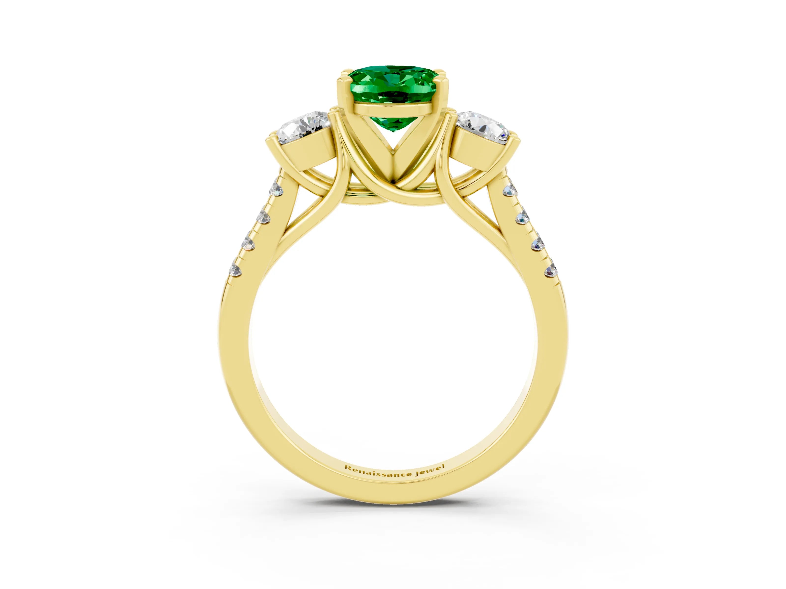 Yellow gold Three-Stone Oval Cut Emerald Pavé Band with Four-Prong Setting_3