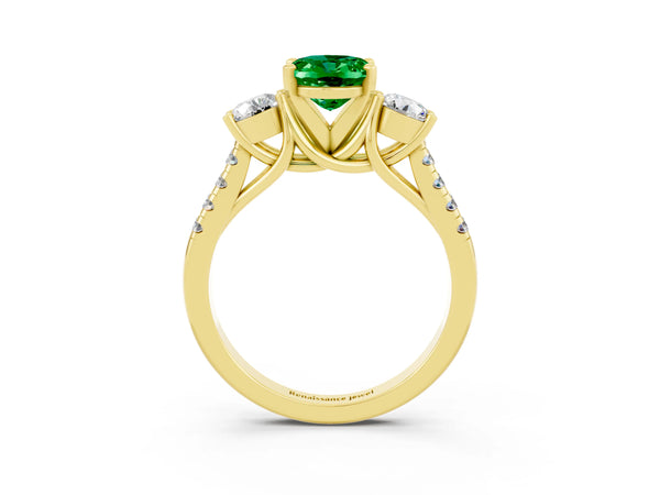 Yellow gold Three-Stone Oval Cut Emerald Pavé Band with Four-Prong Setting