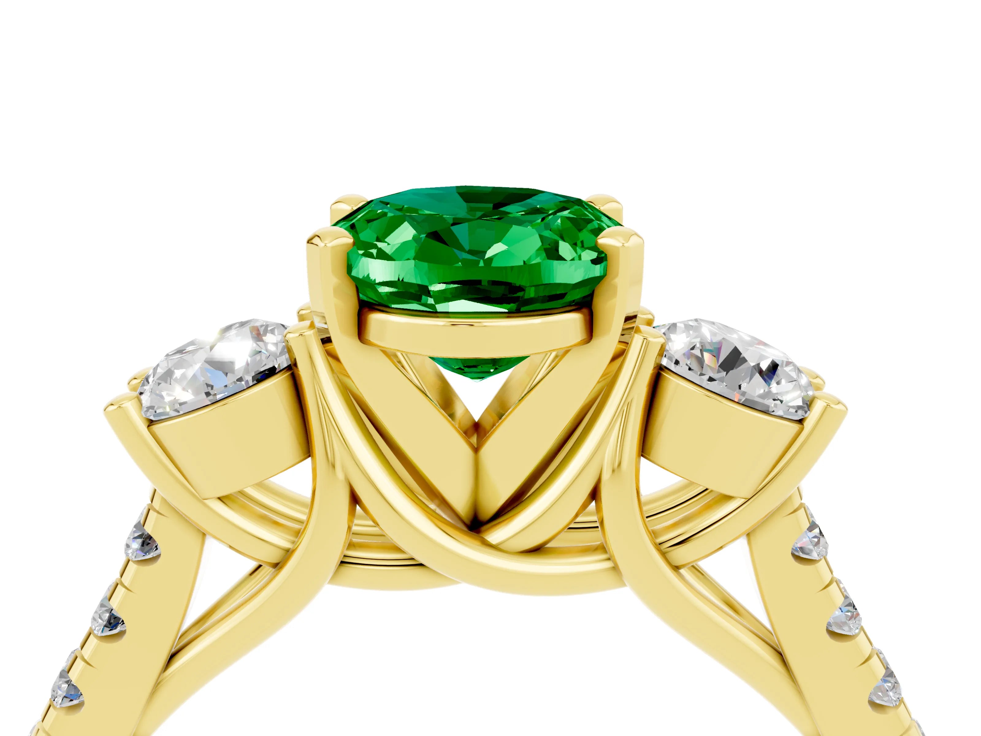 Yellow gold Three-Stone Oval Cut Emerald Pavé Band with Four-Prong Setting_4