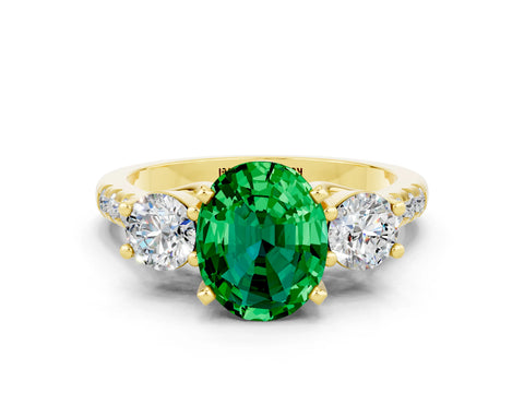Yellow gold Three-Stone Oval Cut Emerald Pavé Band with Four-Prong Setting