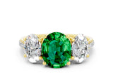 Yellow gold Three-Stone Oval Cut Emerald Ring with Pavé Band and Prong Setting_12