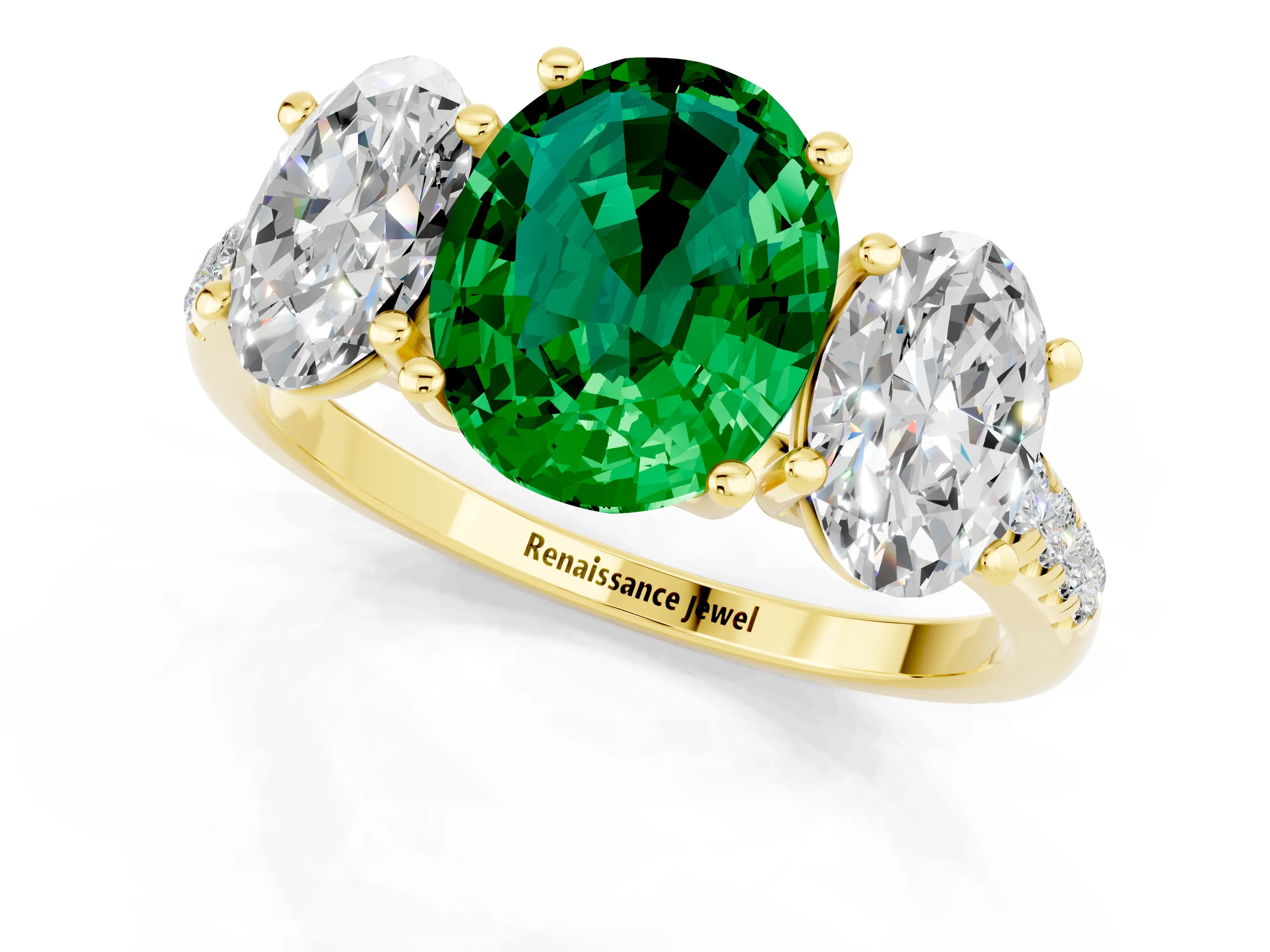 Yellow gold Three-Stone Oval Cut Emerald Ring with Pavé Band and Prong Setting_13