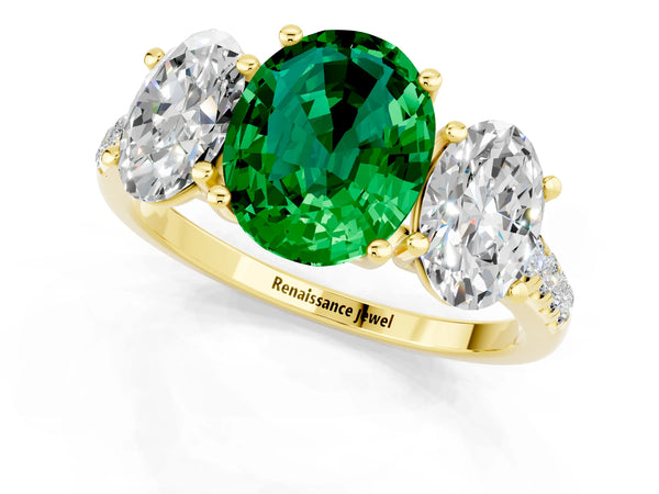 Yellow gold Three-Stone Oval Cut Emerald Ring with Round  Pavé Band and Prong Setting
