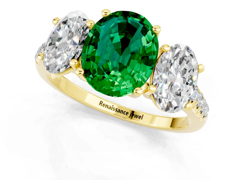 Yellow gold Three-Stone Oval Cut Emerald Ring with Pavé Band and Prong Setting_13