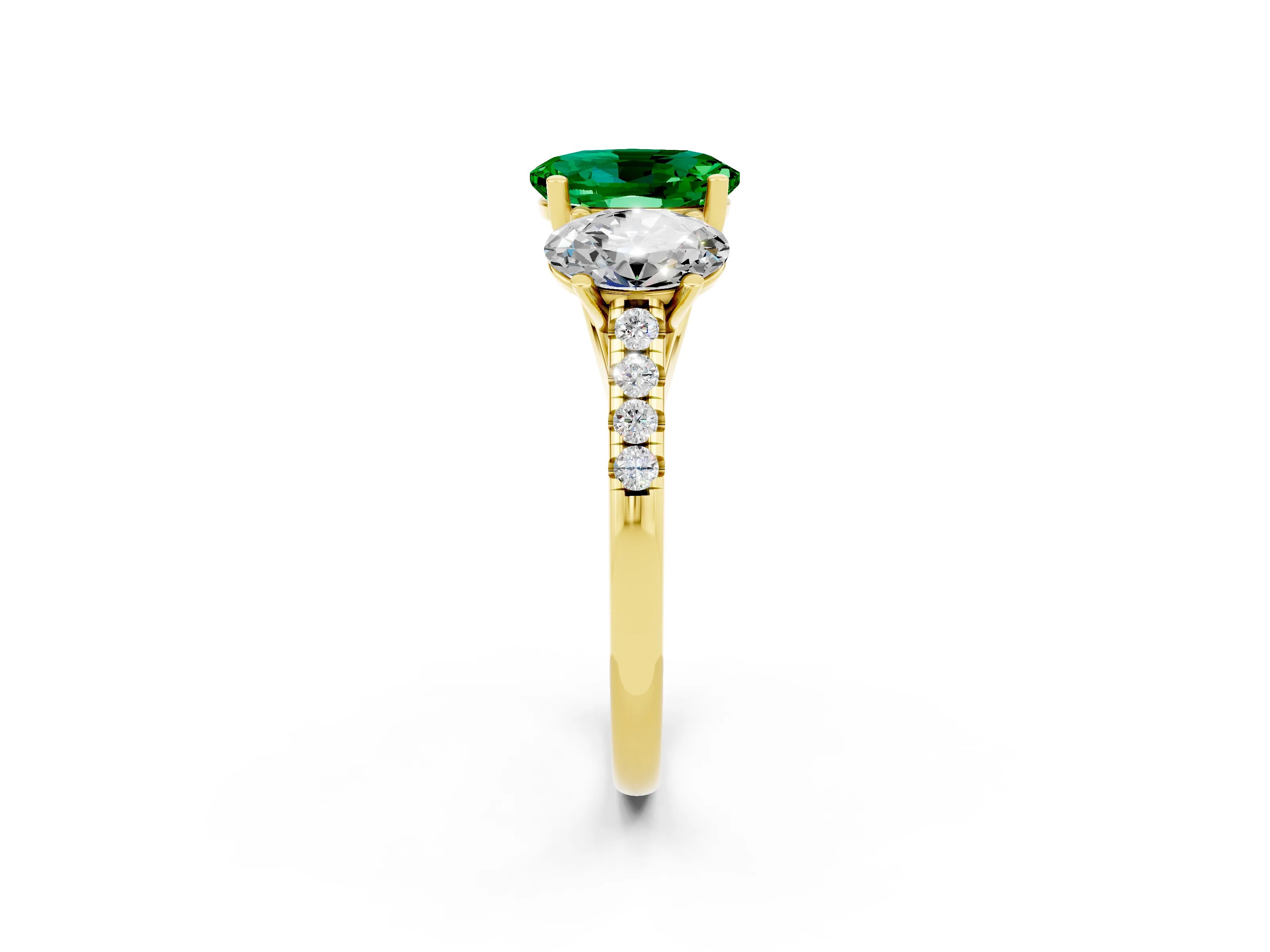 Yellow gold Three-Stone Oval Cut Emerald Ring with Pavé Band and Prong Setting_14