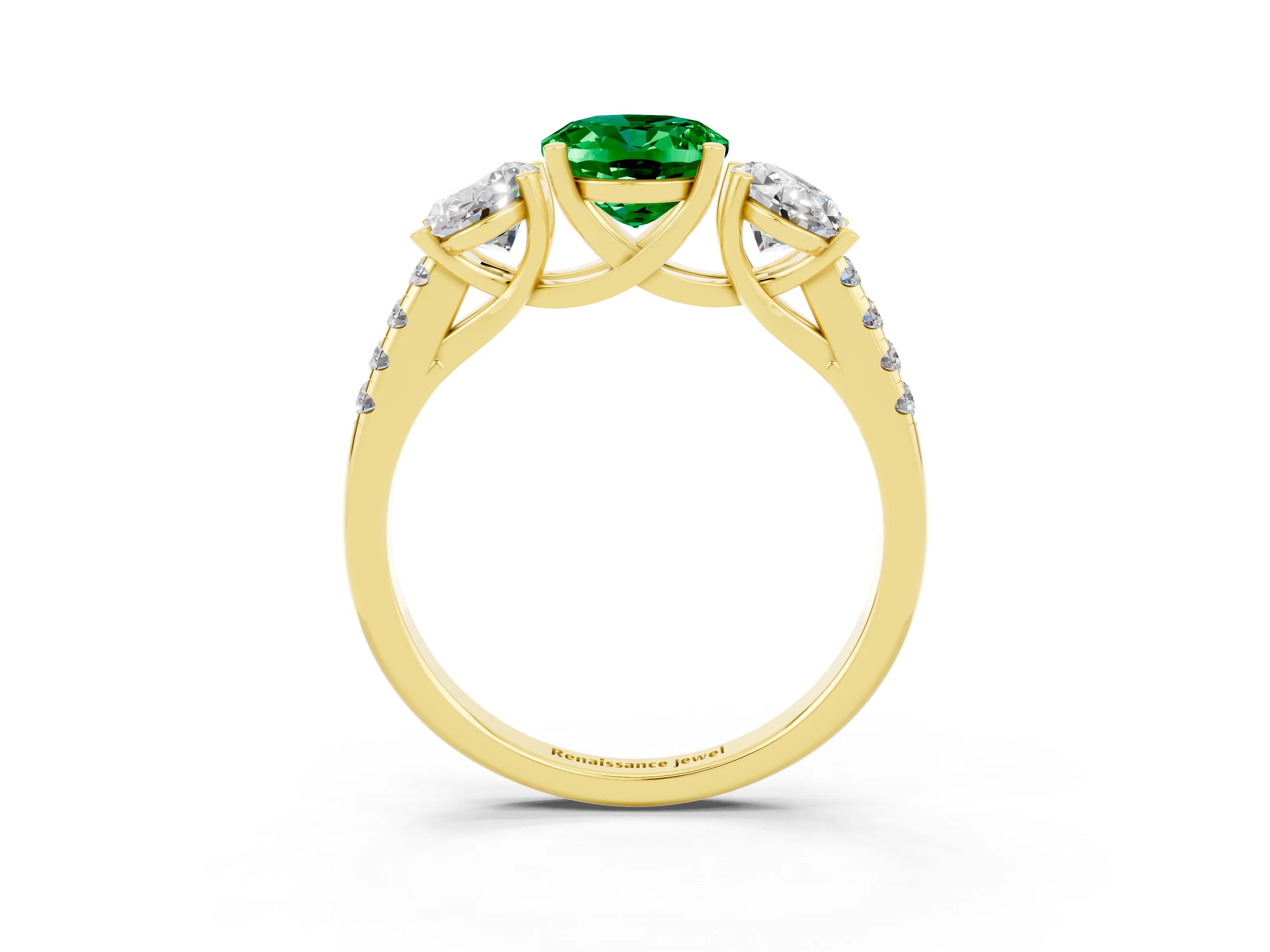 Yellow gold Three-Stone Oval Cut Emerald Ring with Pavé Band and Prong Setting_15